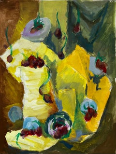 Lebendiges Stilleben mit Obst und gelber Draperie Französische Gouache der Moderne