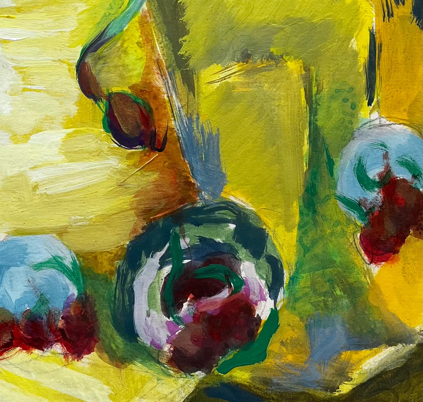 Nature morte vibrante avec fruits et draperie jaune Gouache moderniste française en vente 1