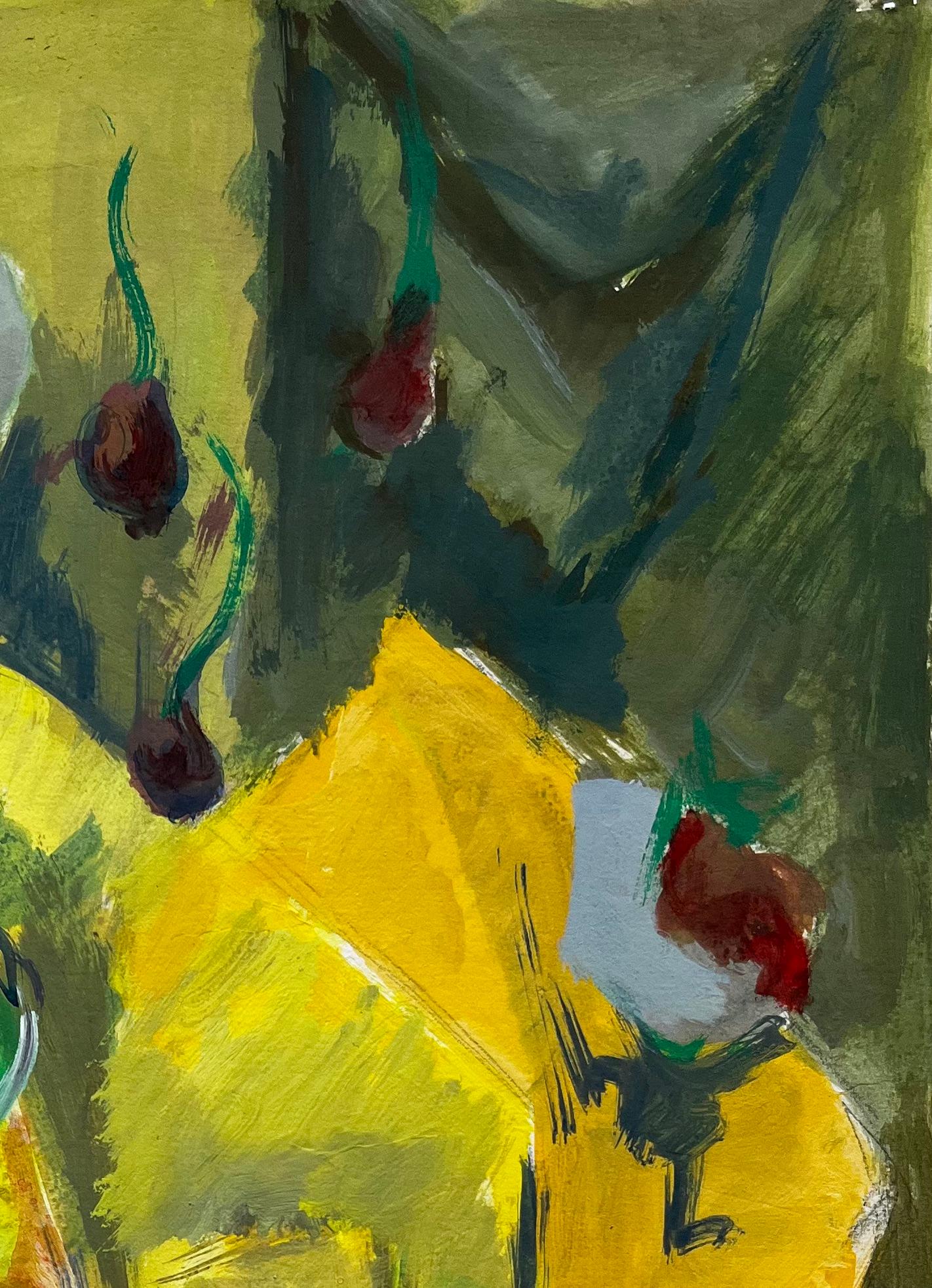 Nature morte vibrante avec fruits et draperie jaune Gouache moderniste française - Jaune Landscape Art par Guy Nicod