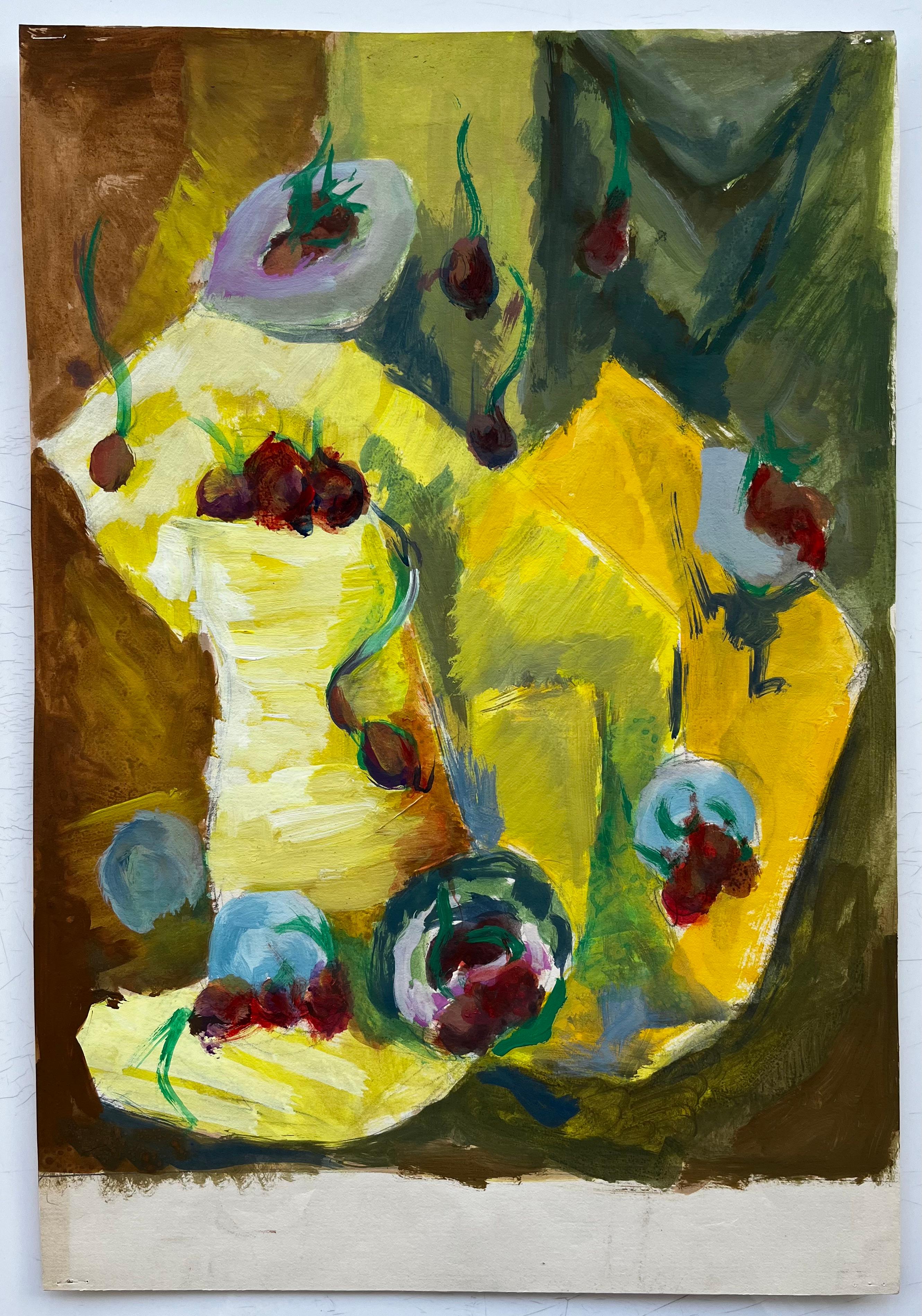 Nature morte vibrante avec fruits et draperie jaune Gouache moderniste française - Art de Guy Nicod