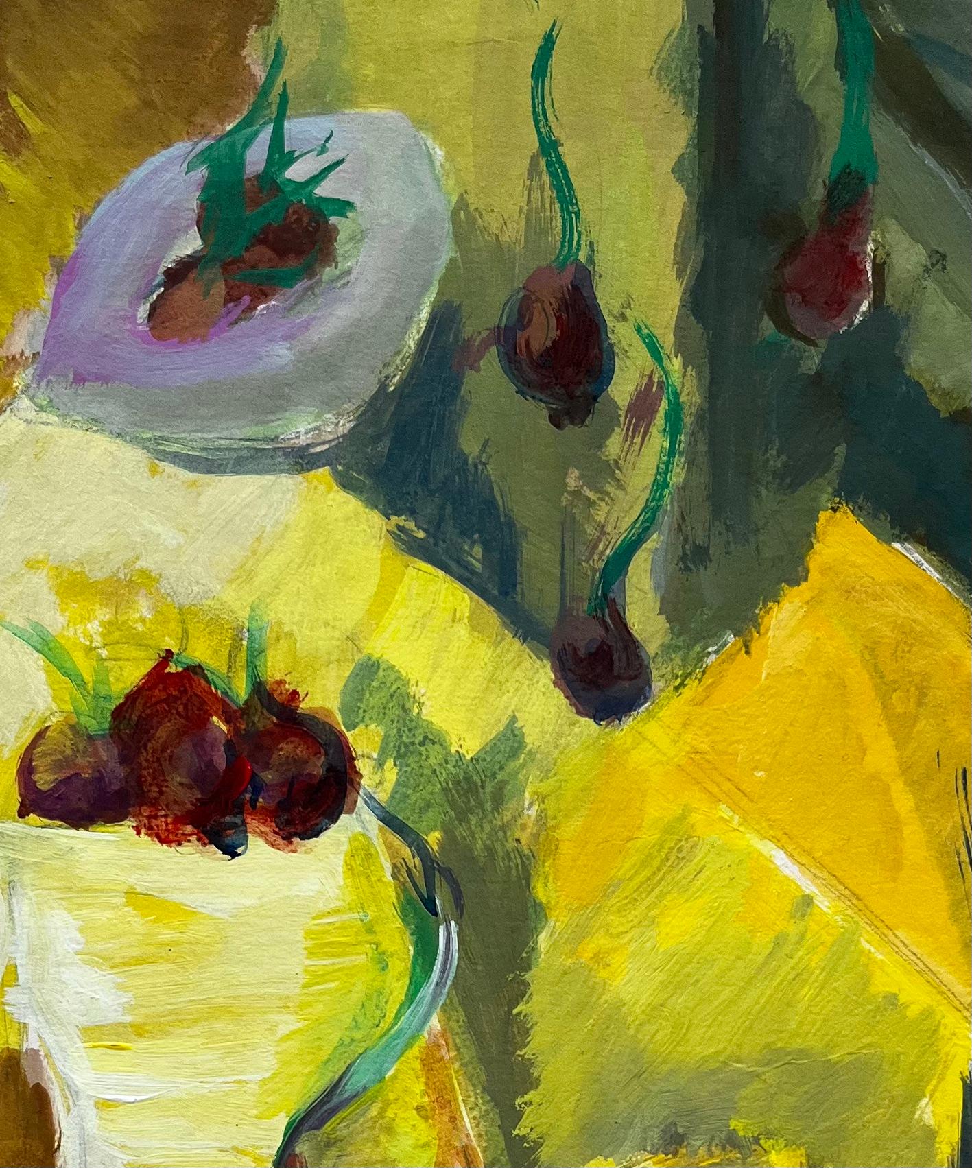 Nature morte vibrante avec fruits et draperie jaune Gouache moderniste française en vente 2