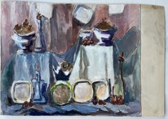 Bodegón Modernista Con Cuencos Botellas Y Fruta Pintura Gouache Francesa