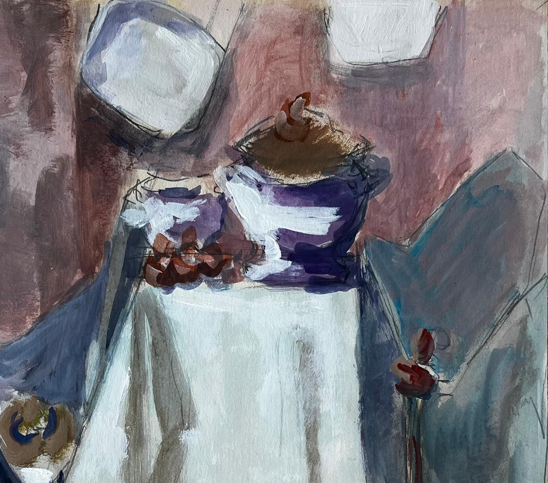 Nature morte moderniste avec bols, bouteilles et fruits Peinture à la gouache française - Gris Abstract Drawing par Guy Nicod