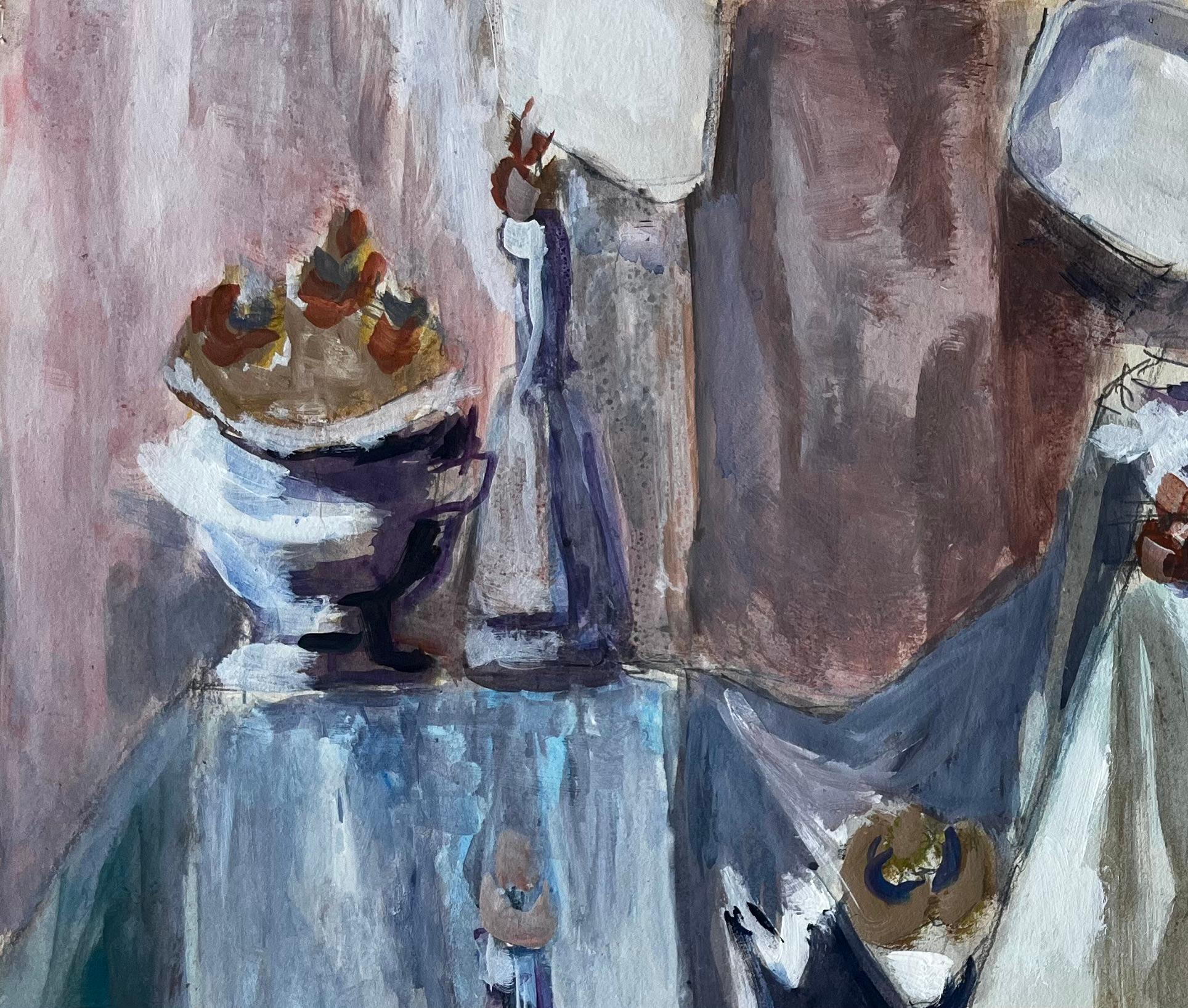 Nature morte moderniste avec bols, bouteilles et fruits Peinture à la gouache française en vente 1