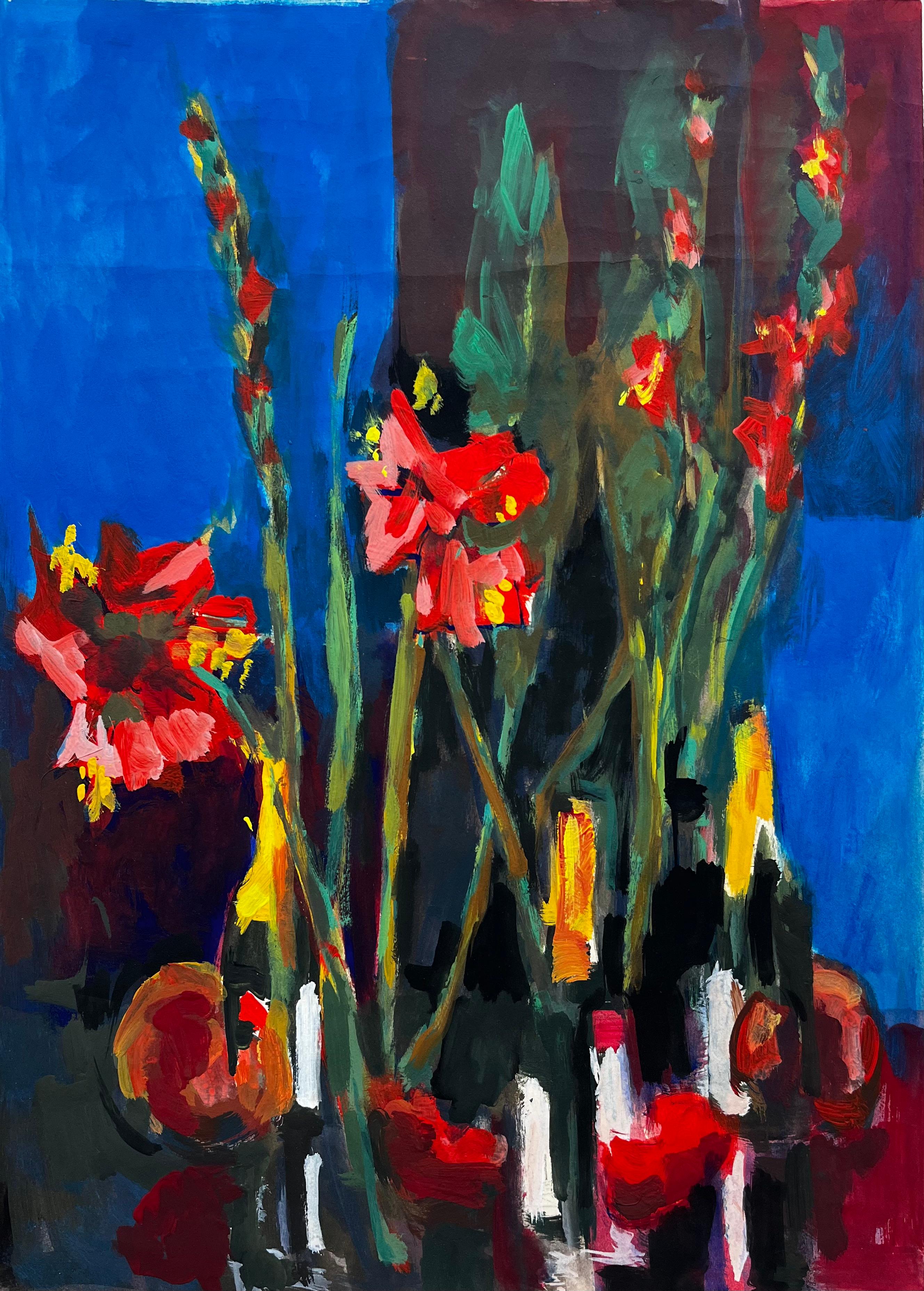 Vibrant Floral Still Life With Red Gladiolus And Wine Bottles French Modernist