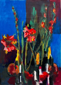 Vibrant Floral Still Life With Red Gladiolus And Wine Bottles French Modernist