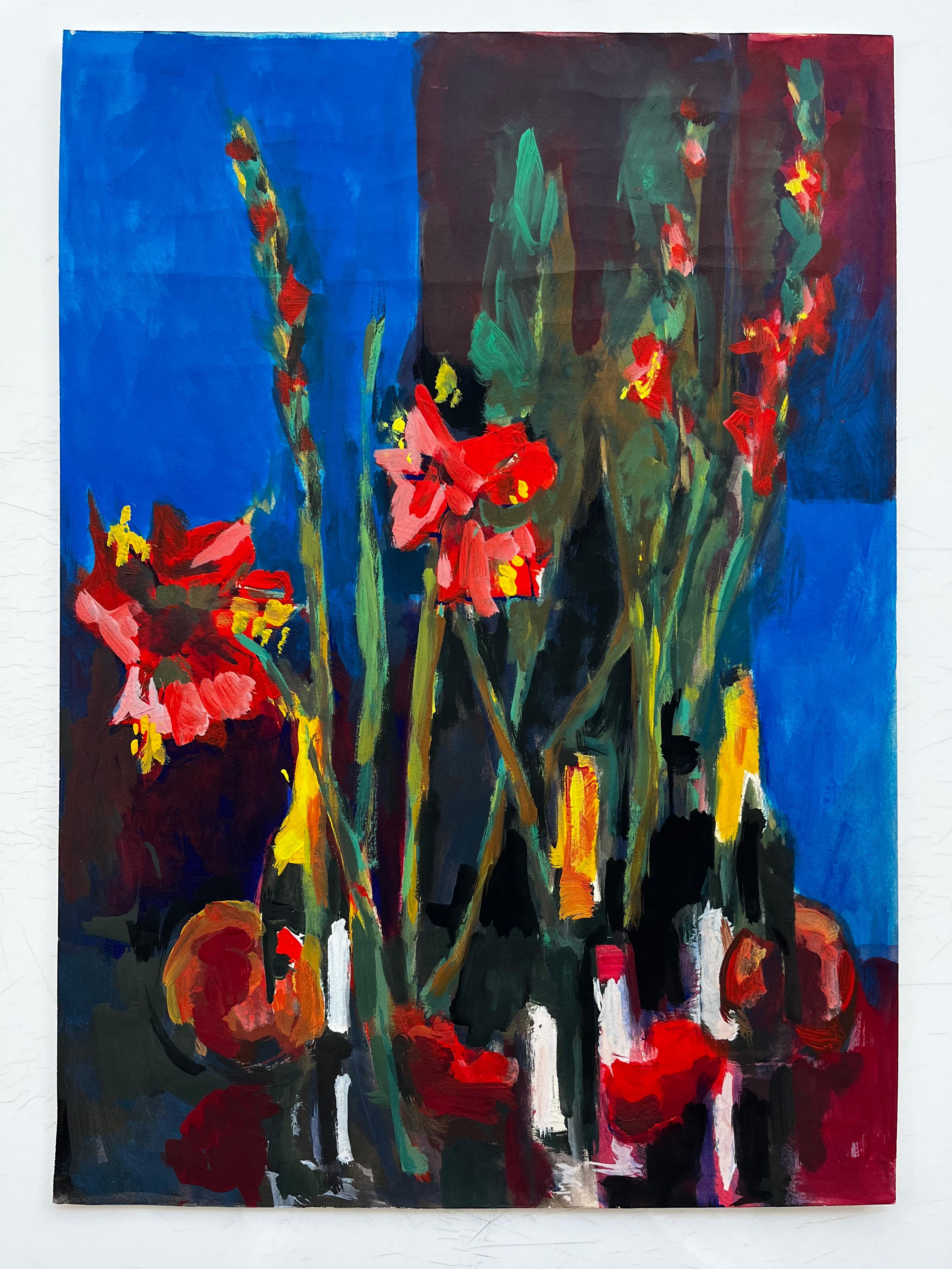 Nature morte florale avec glaïeul rouge et bouteilles de vin Moderniste français - Art de Guy Nicod