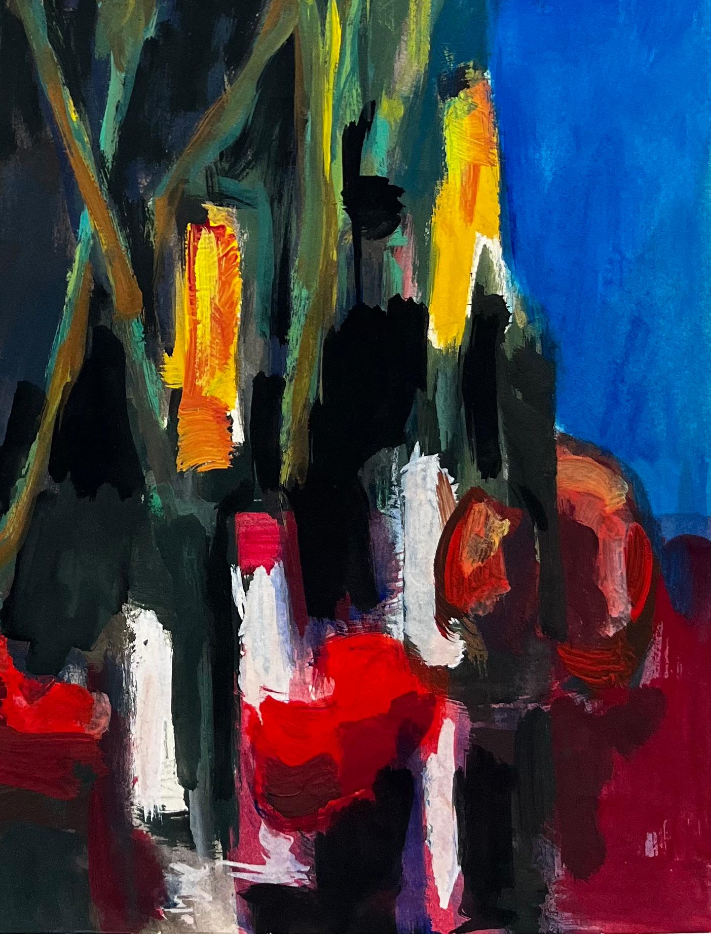 Titre : Nature morte florale vibrante avec glaïeul rouge et bouteilles de vin Moderniste français
Guy Nicod (français 1923 - 2021) 
Gouache sur papier d'artiste, non encadrée
Taille : 19.25 x 13.75 pouces (hauteur x largeur)
Provenance : Succession