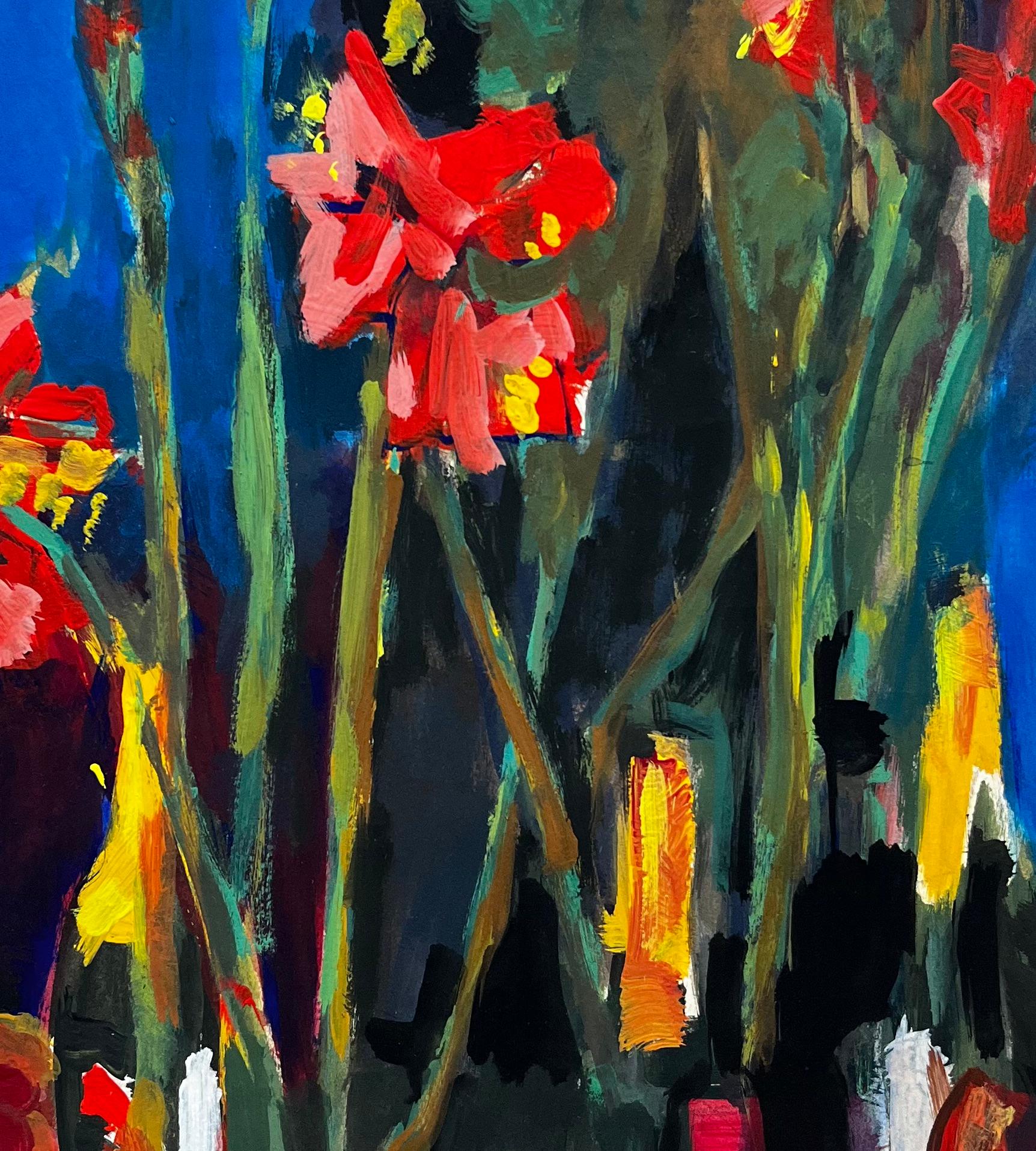 Nature morte florale avec glaïeul rouge et bouteilles de vin Moderniste français en vente 2