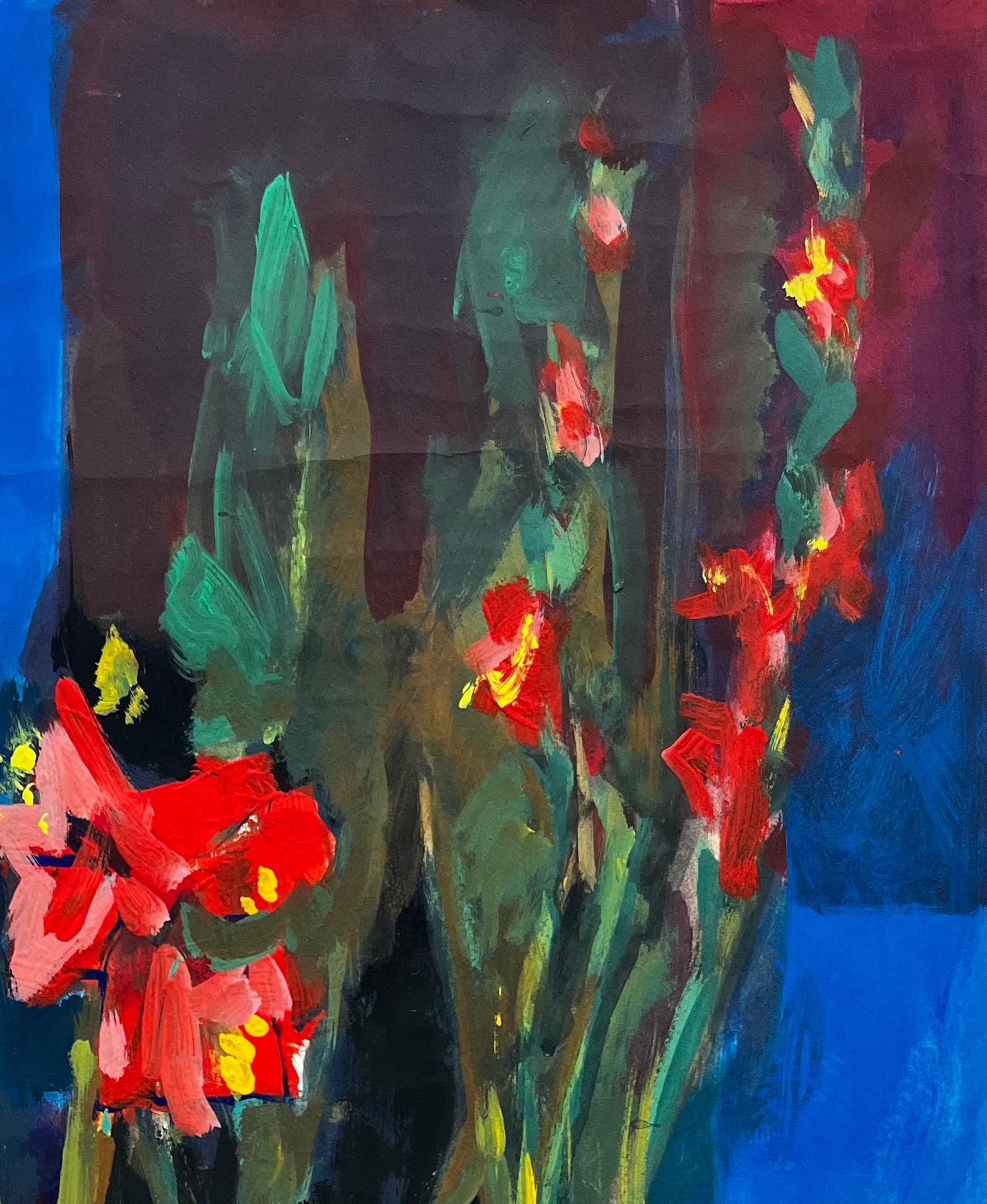 Nature morte florale avec glaïeul rouge et bouteilles de vin Moderniste français - Violet Abstract Drawing par Guy Nicod