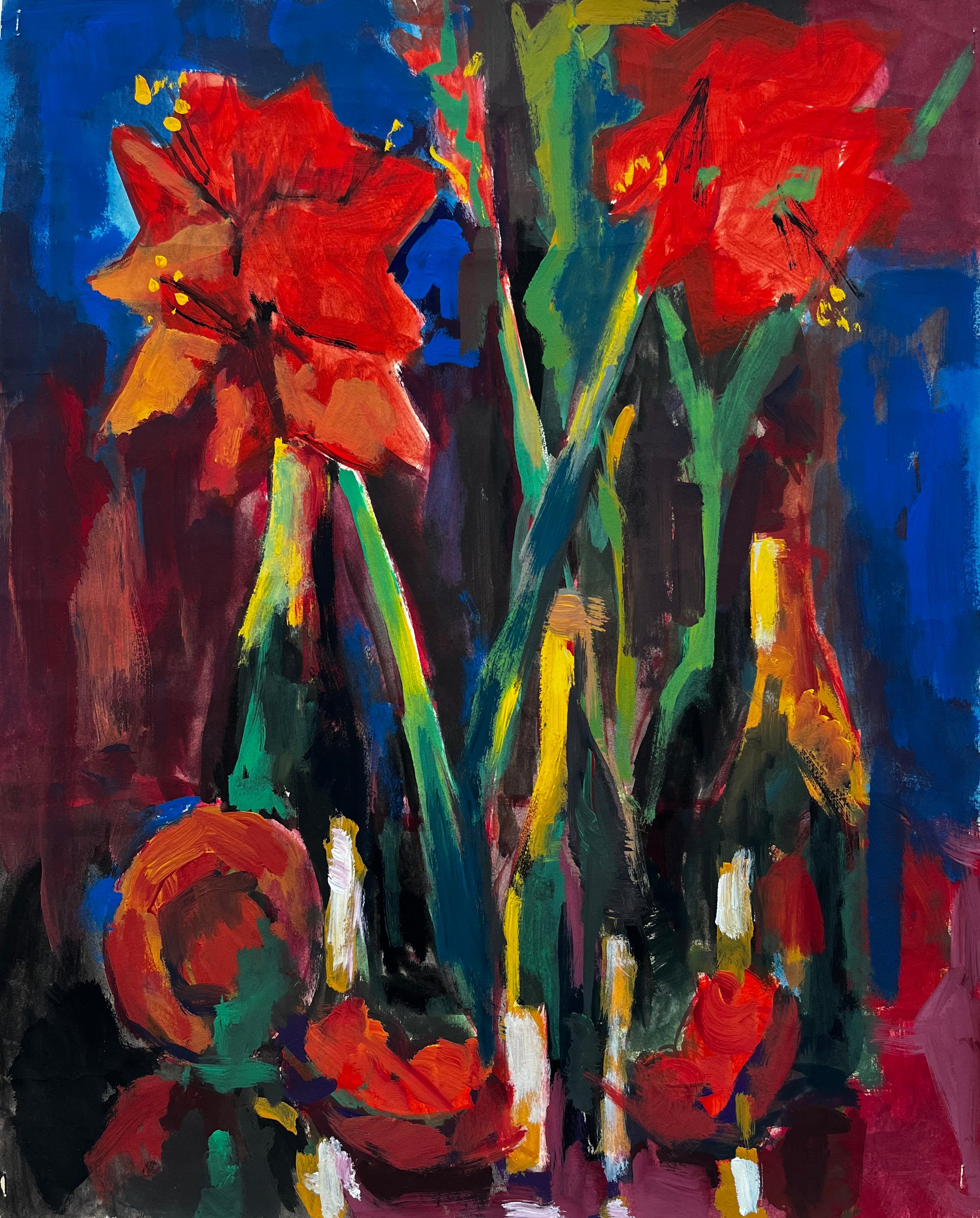 Guy Nicod Abstract Drawing - Floral Still Life With Red Amaryllis And Wine Bottles French Modernist Gouache