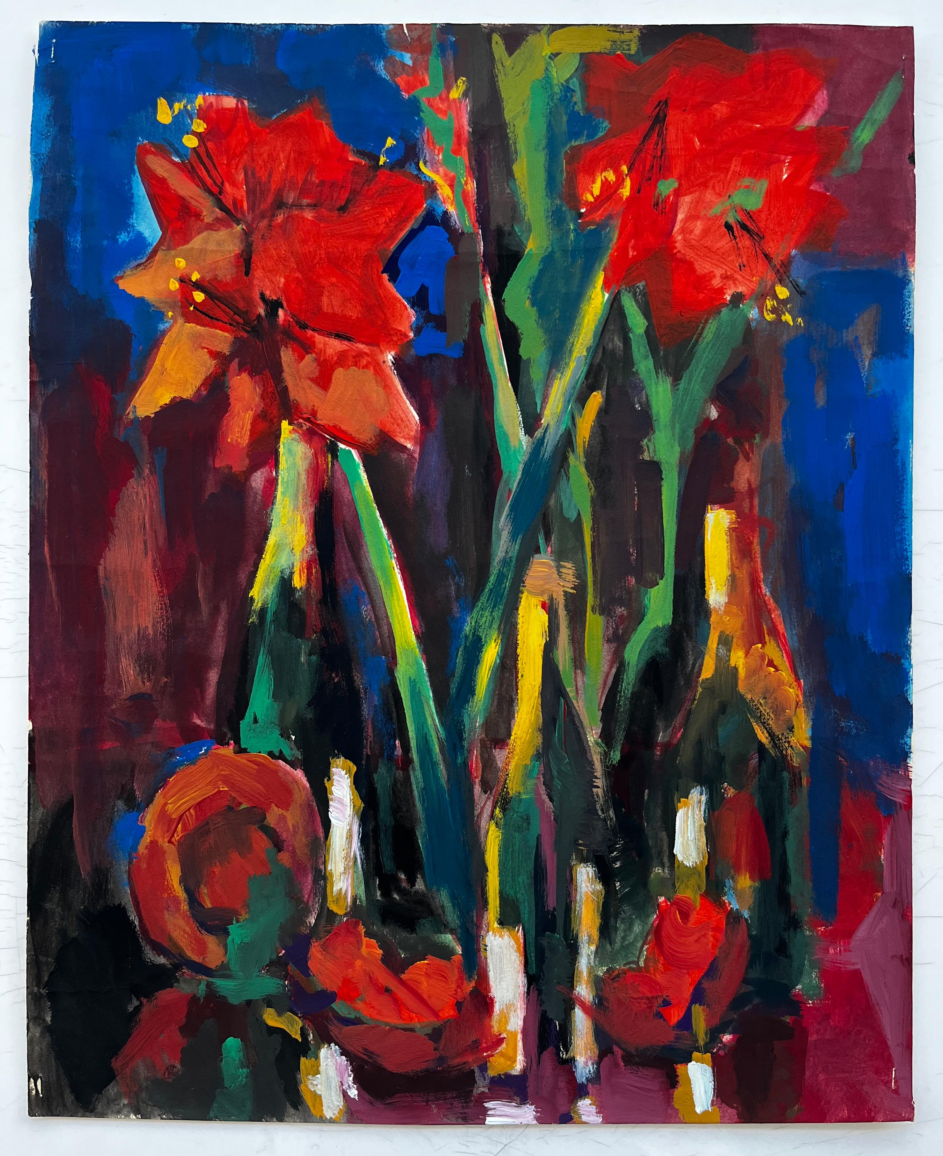 Floral Still Life With Red Amaryllis And Wine Bottles French Modernist Gouache - Art by Guy Nicod