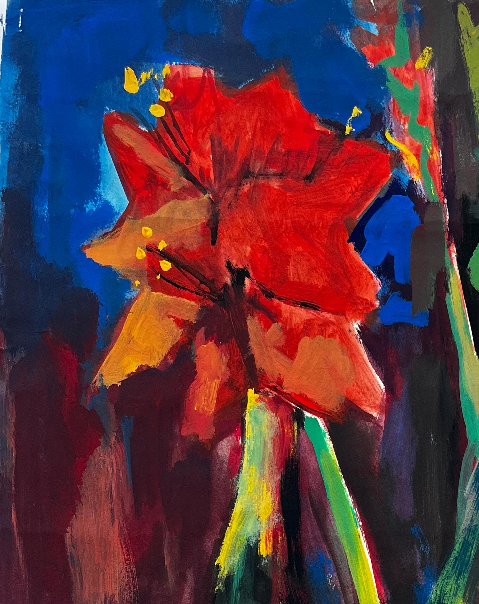 Floral Still Life With Red Amaryllis And Wine Bottles French Modernist Gouache - Black Abstract Drawing by Guy Nicod