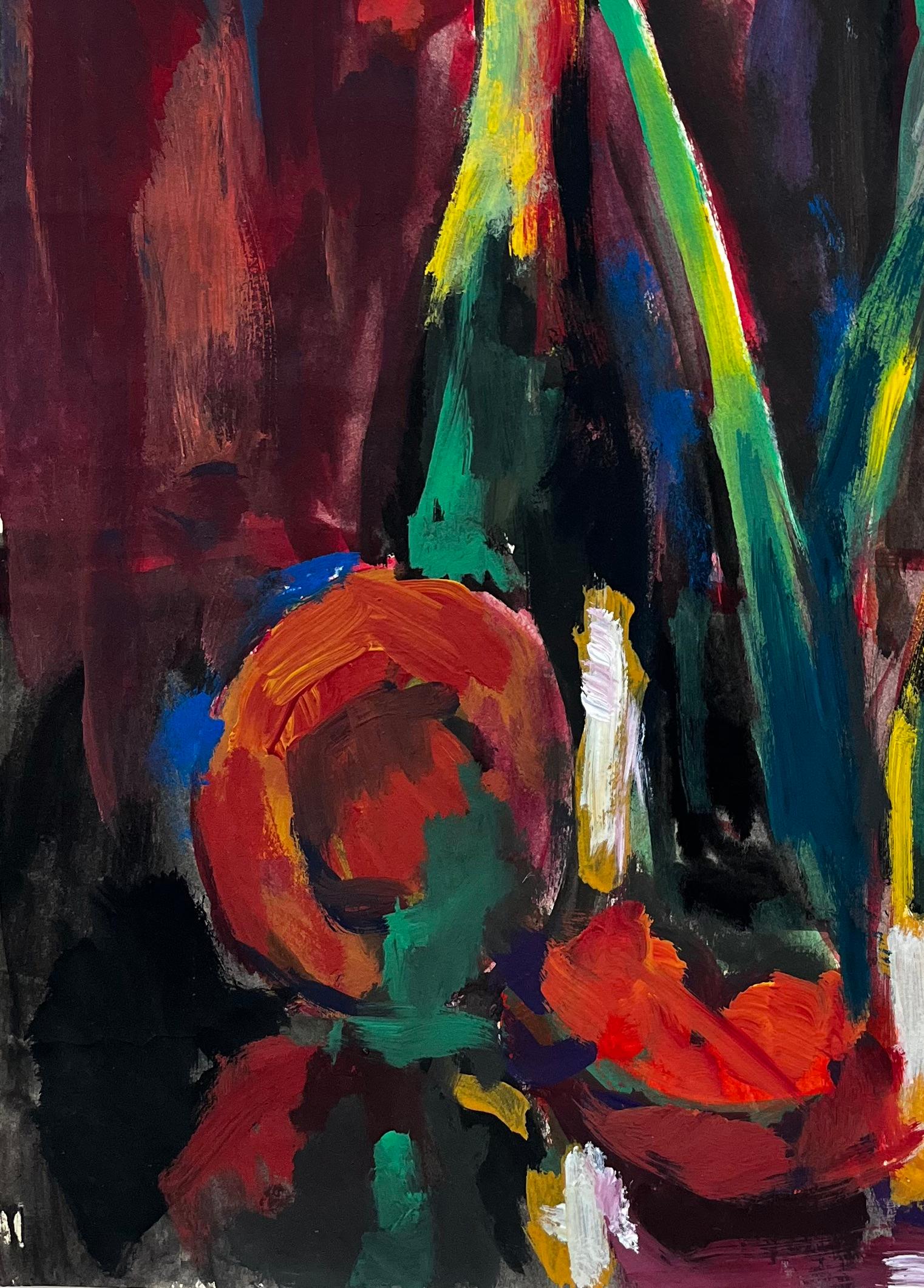 Floral Still Life With Red Amaryllis And Wine Bottles French Modernist Gouache For Sale 3