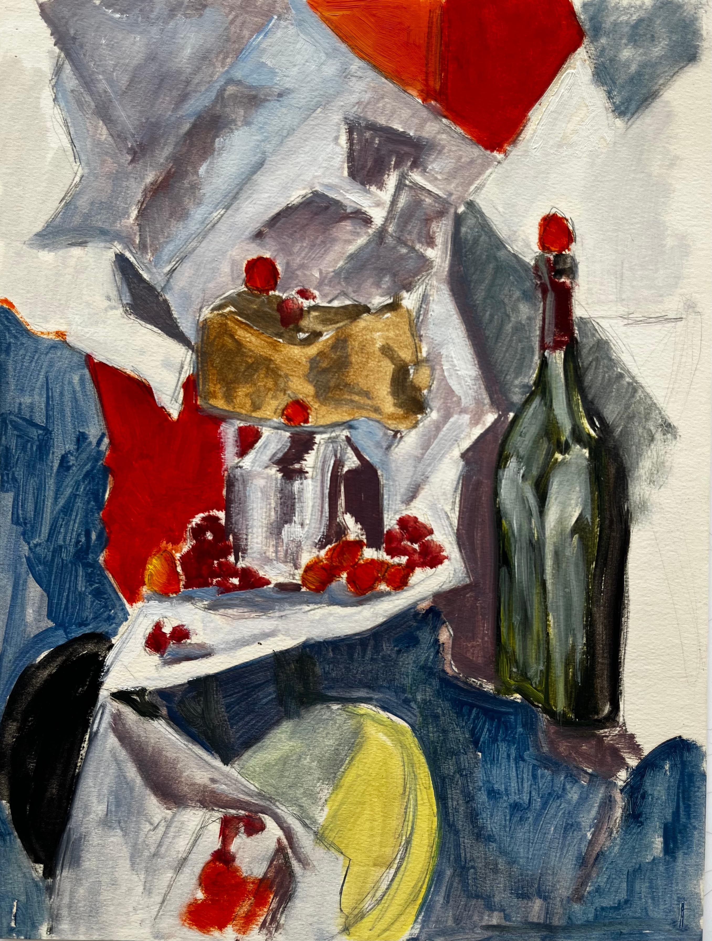 Nature morte moderniste avec gâteau en bouteille et framboises Gouache française