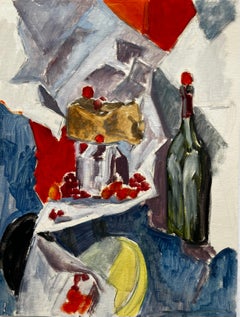 Vintage Modernist Still Life With Wine Bottle Cake And Raspberries French Gouache