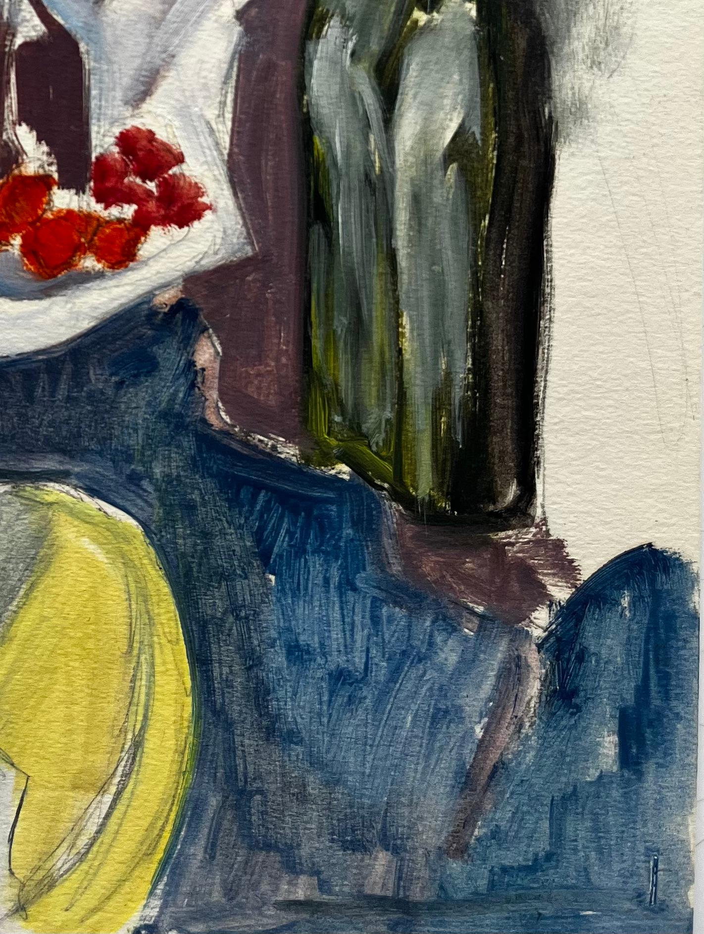 Nature morte moderniste avec gâteau en bouteille et framboises Gouache française - Gris Landscape Art par Guy Nicod