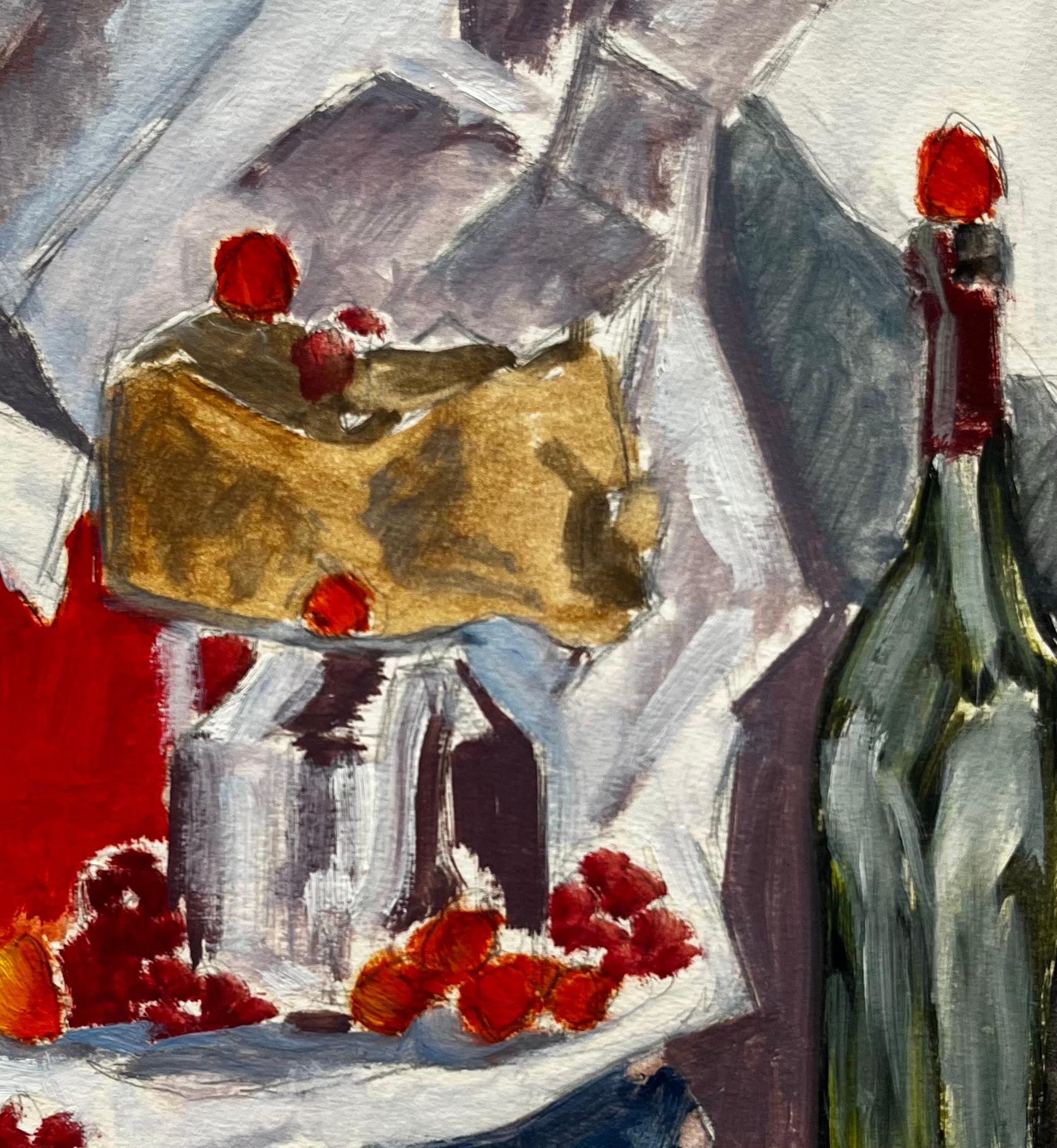 Nature morte moderniste avec gâteau en bouteille et framboises Gouache française en vente 2