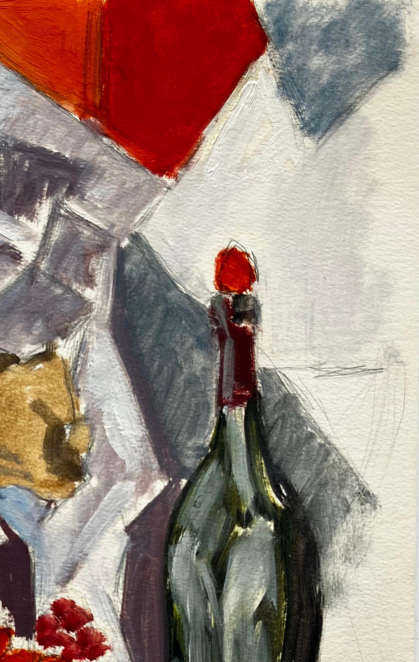 Nature morte moderniste avec gâteau en bouteille et framboises Gouache française en vente 1