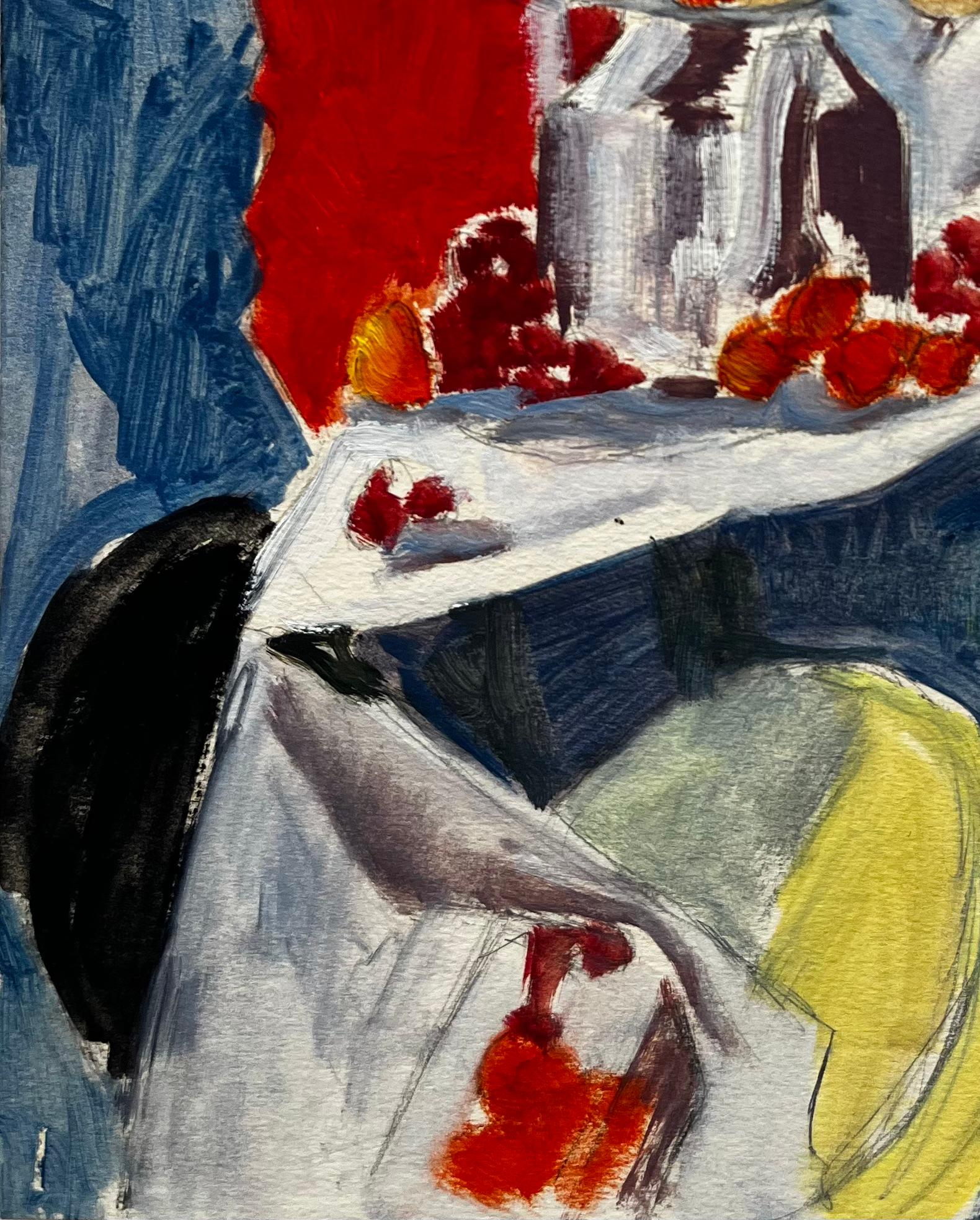 Nature morte moderniste avec gâteau en bouteille et framboises Gouache française - Moderne Art par Guy Nicod