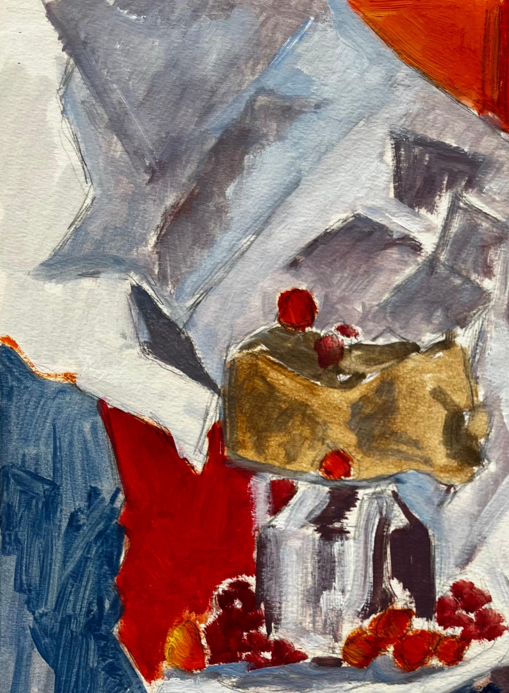 Titre : Nature morte moderniste avec gâteau en bouteille et framboises Gouache française
Guy Nicod (français 1923 - 2021) 
Gouache sur papier d'artiste, non encadrée
Taille : 12.75 x 9.5 pouces (hauteur x largeur)
Provenance : Succession