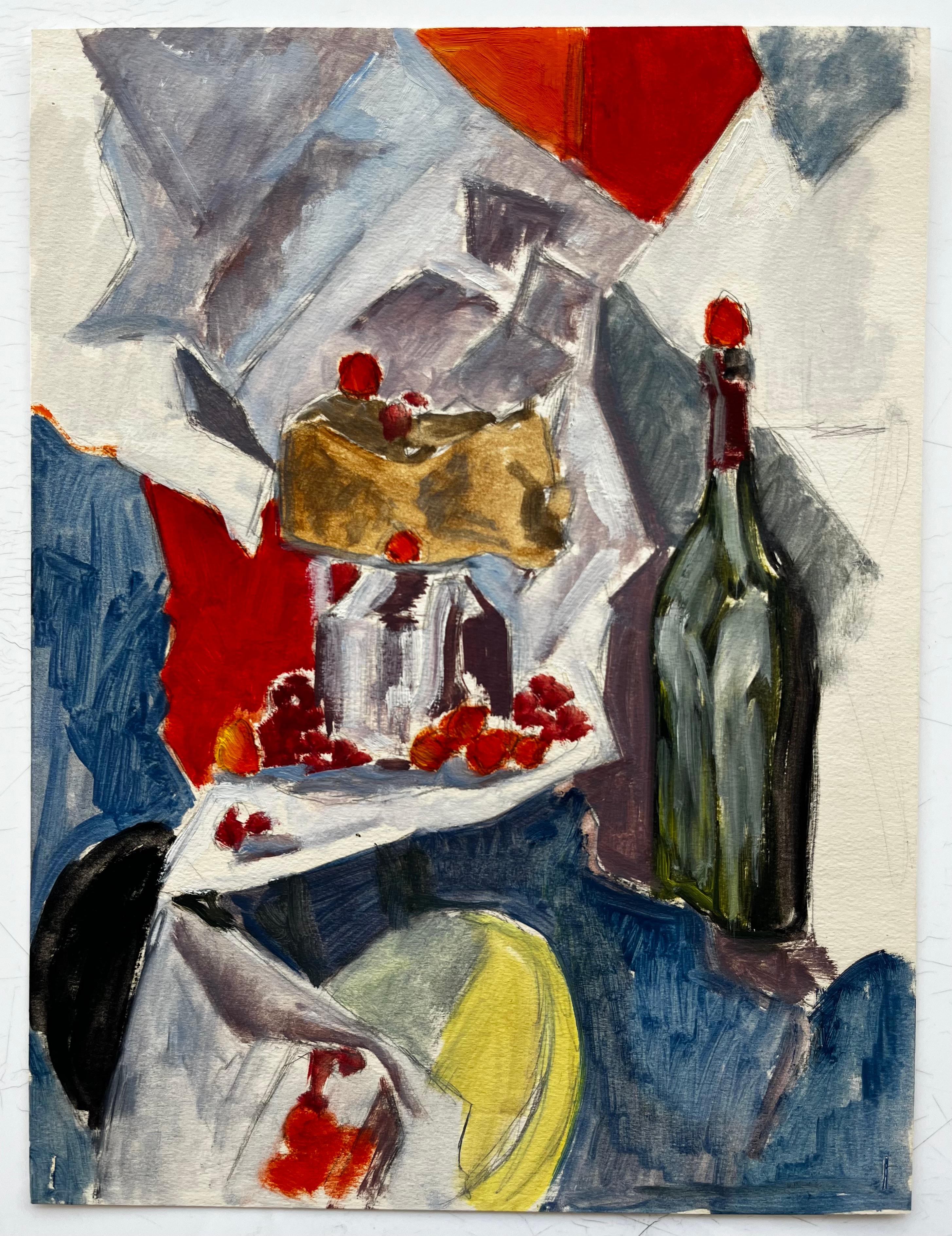Nature morte moderniste avec gâteau en bouteille et framboises Gouache française - Art de Guy Nicod