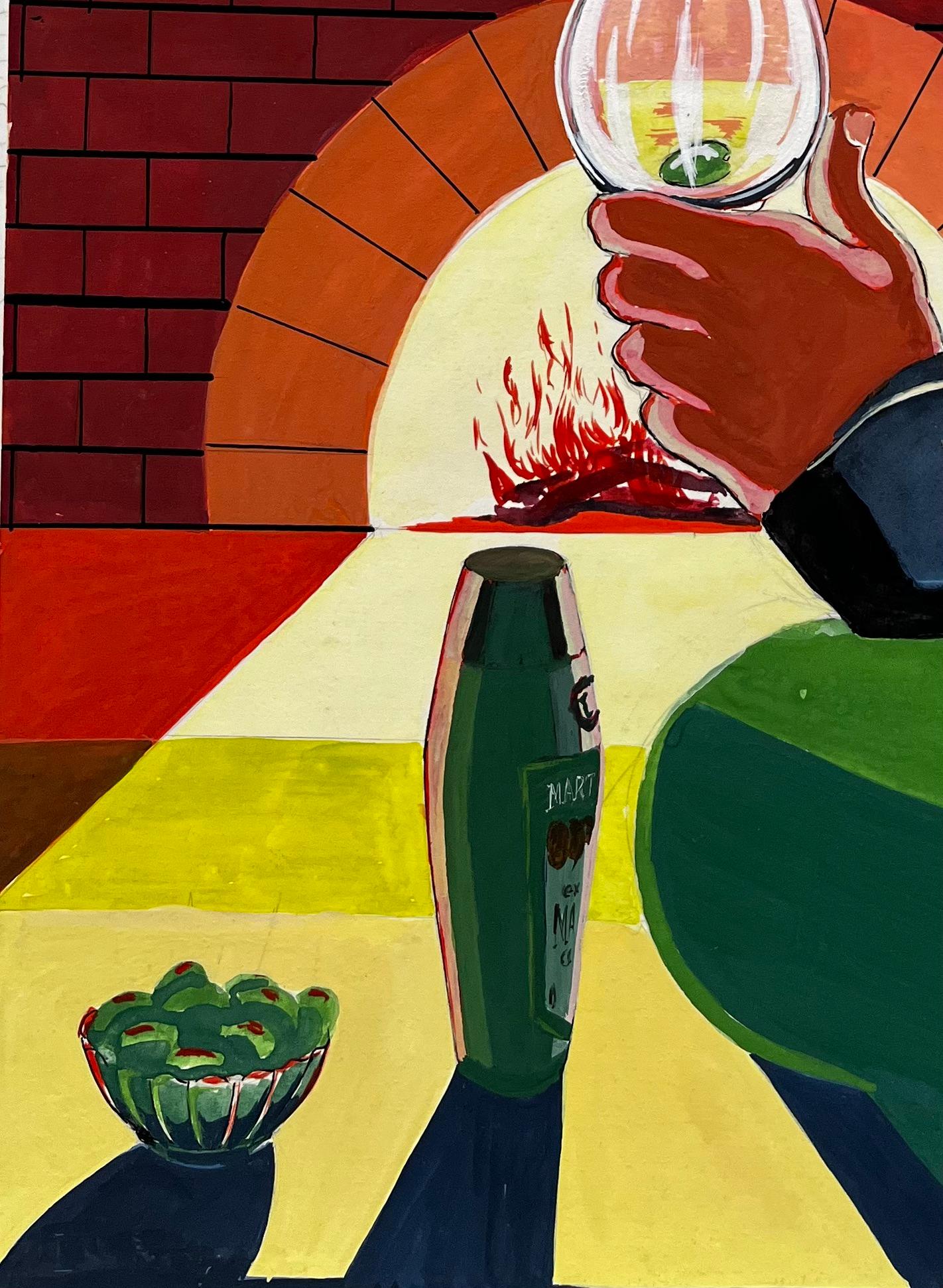 Martini Diseño Publicitario Cóctel Extra Seco Junto a la Chimenea Modernista Francesa - Art Moderno de Guy Nicod