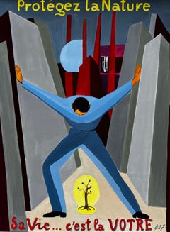 Protect Nature French Modernist Environmental Poster Style Figure and Tree