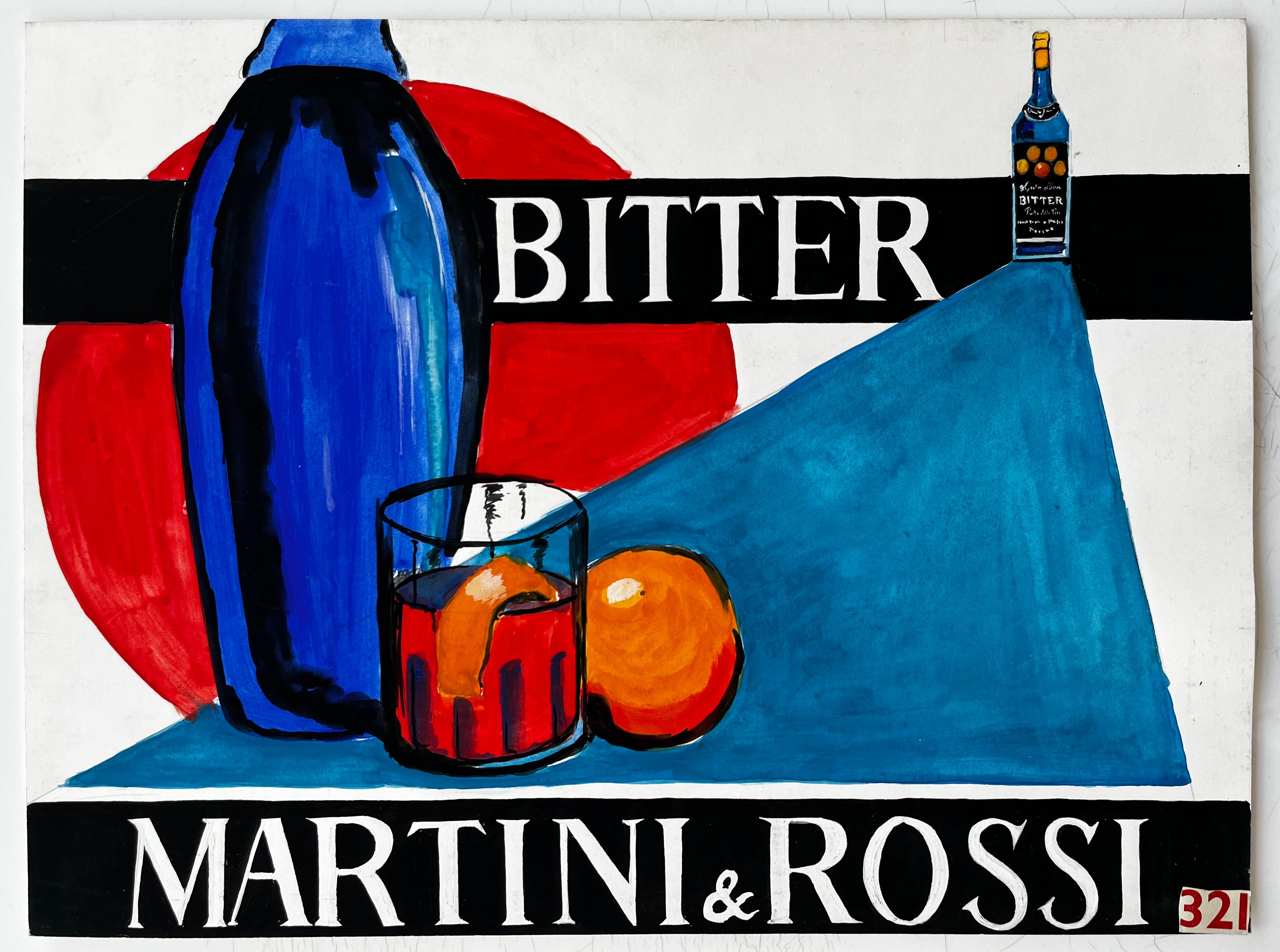 Martini et Rossi Bitter Cocktail Moderniste Français Style Publicitaire avec Bouteille - Art de Guy Nicod