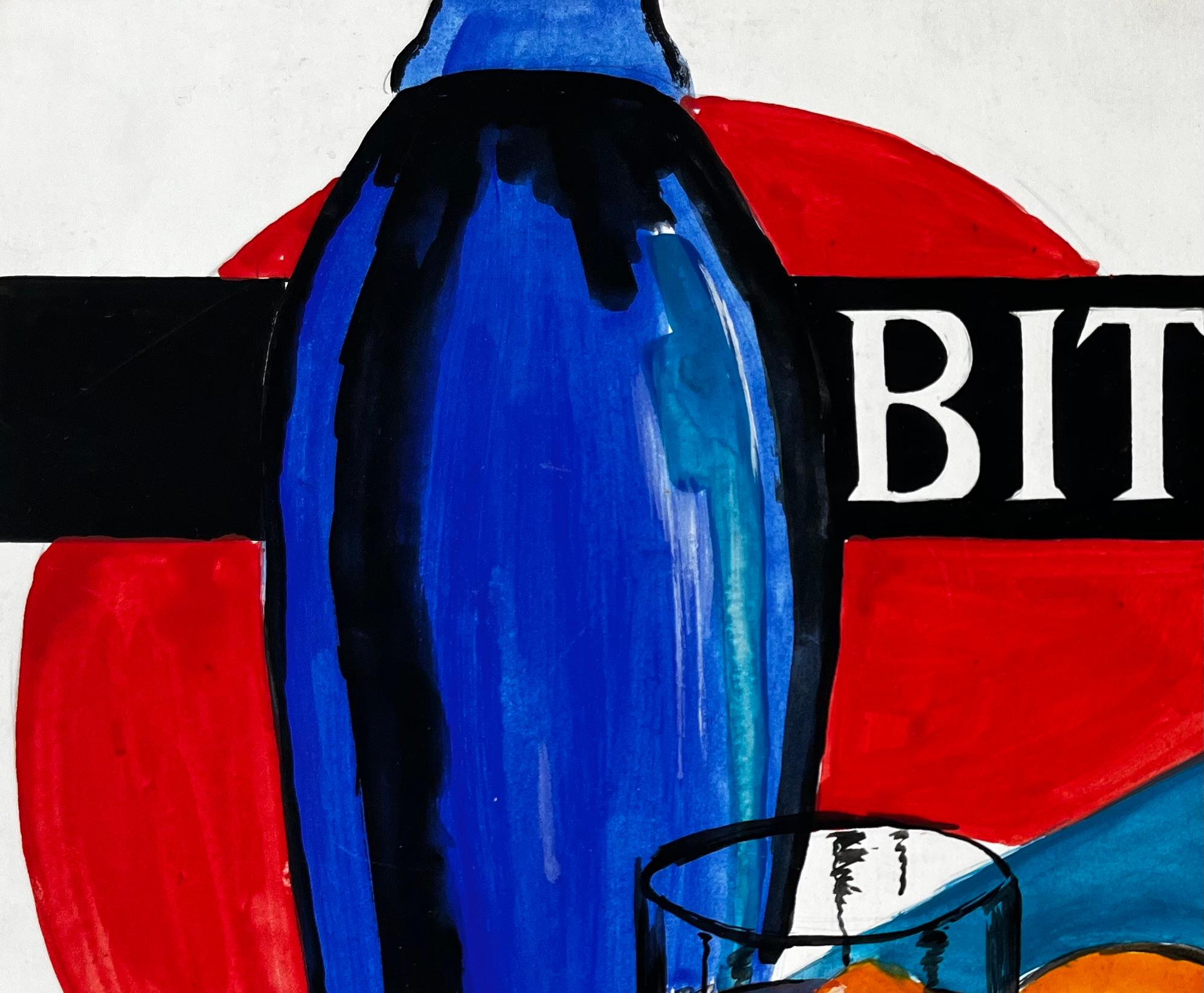 Martini et Rossi Bitter Cocktail Moderniste Français Style Publicitaire avec Bouteille - Beige Abstract Drawing par Guy Nicod