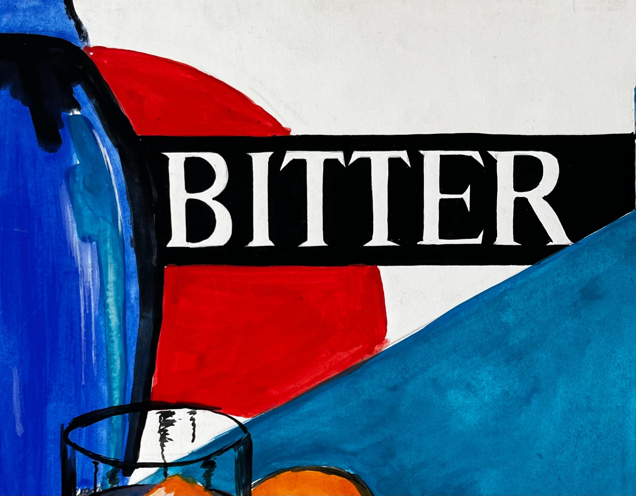 Titre : Martini et Rossi Bitter Cocktail Moderniste Français Peinture de style publicitaire
Guy Nicod (français 1923 - 2021) 
Gouache sur papier d'artiste, non encadrée
Taille : 11.75 x 15.75 pouces (hauteur x largeur)
Provenance : Succession