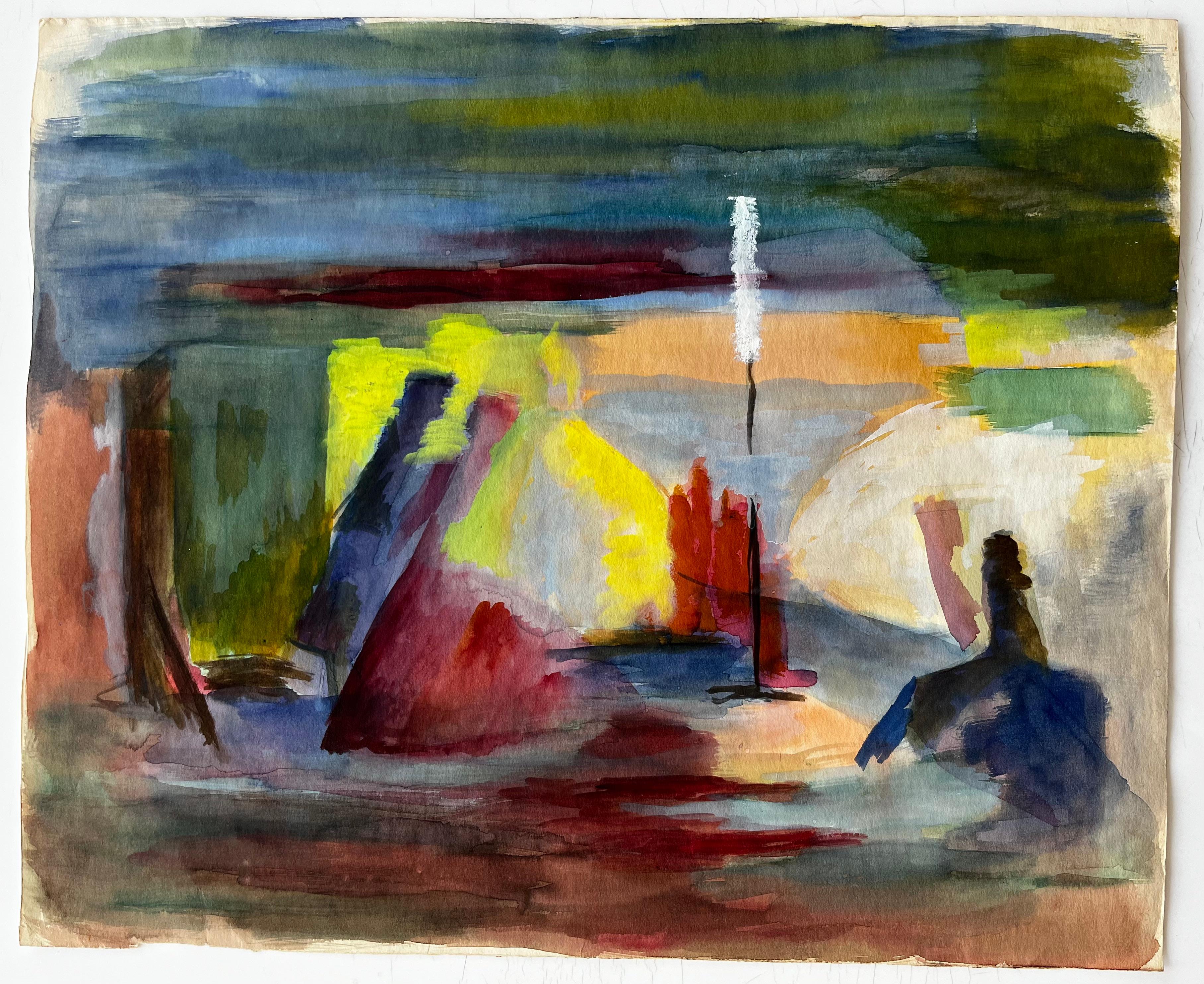 Couple dansant en robe de soirée Gouache abstraite moderniste française - Art de Guy Nicod