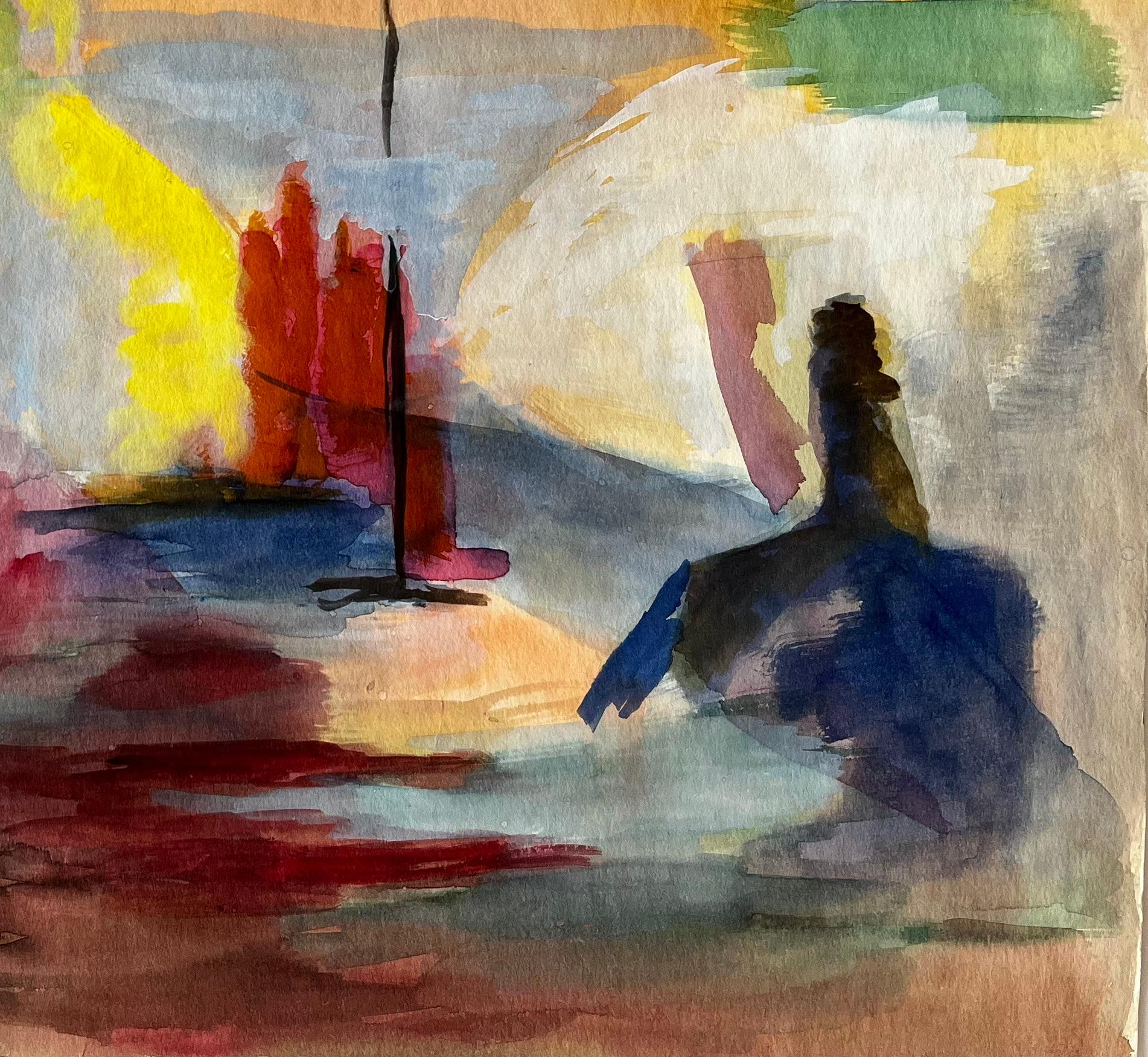 Couple dansant en robe de soirée Gouache abstraite moderniste française - Moderne Art par Guy Nicod