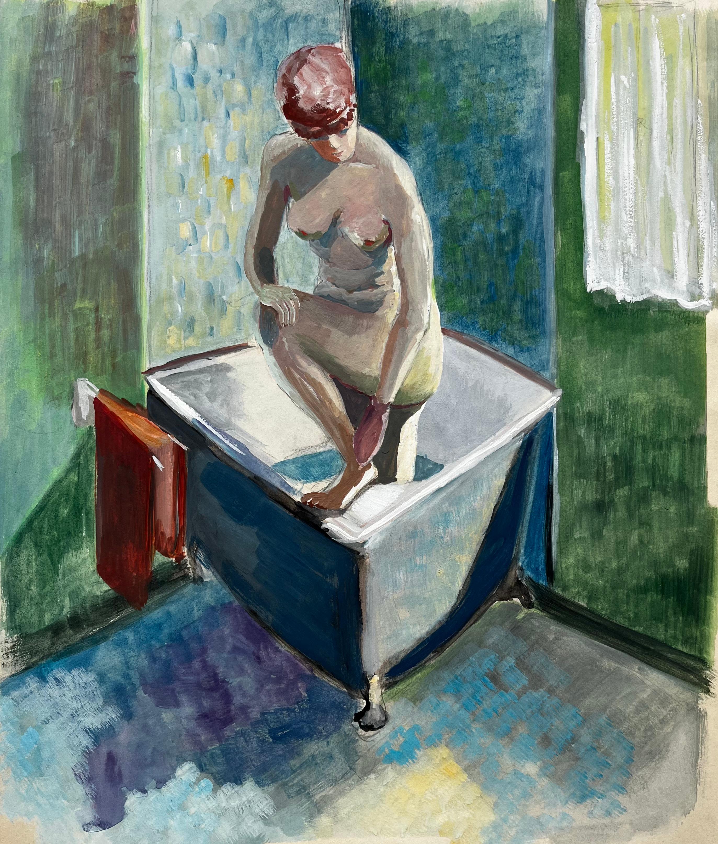 Nude Woman Bathing French Modernist Figurative Gouache by Guy Nicod