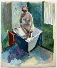 Nude Woman Bathing French Modernist Figurative Gouache by Guy Nicod