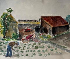 Farmyard Scene with Barn and Farmer French Modernist Rural Landscape Gouache