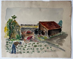 Farmyard Scene with Barn and Farmer French Modernist Rural Landscape Gouache