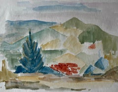 Mountain Landscape with Cypress French Modernist Gouache by Guy Nicod