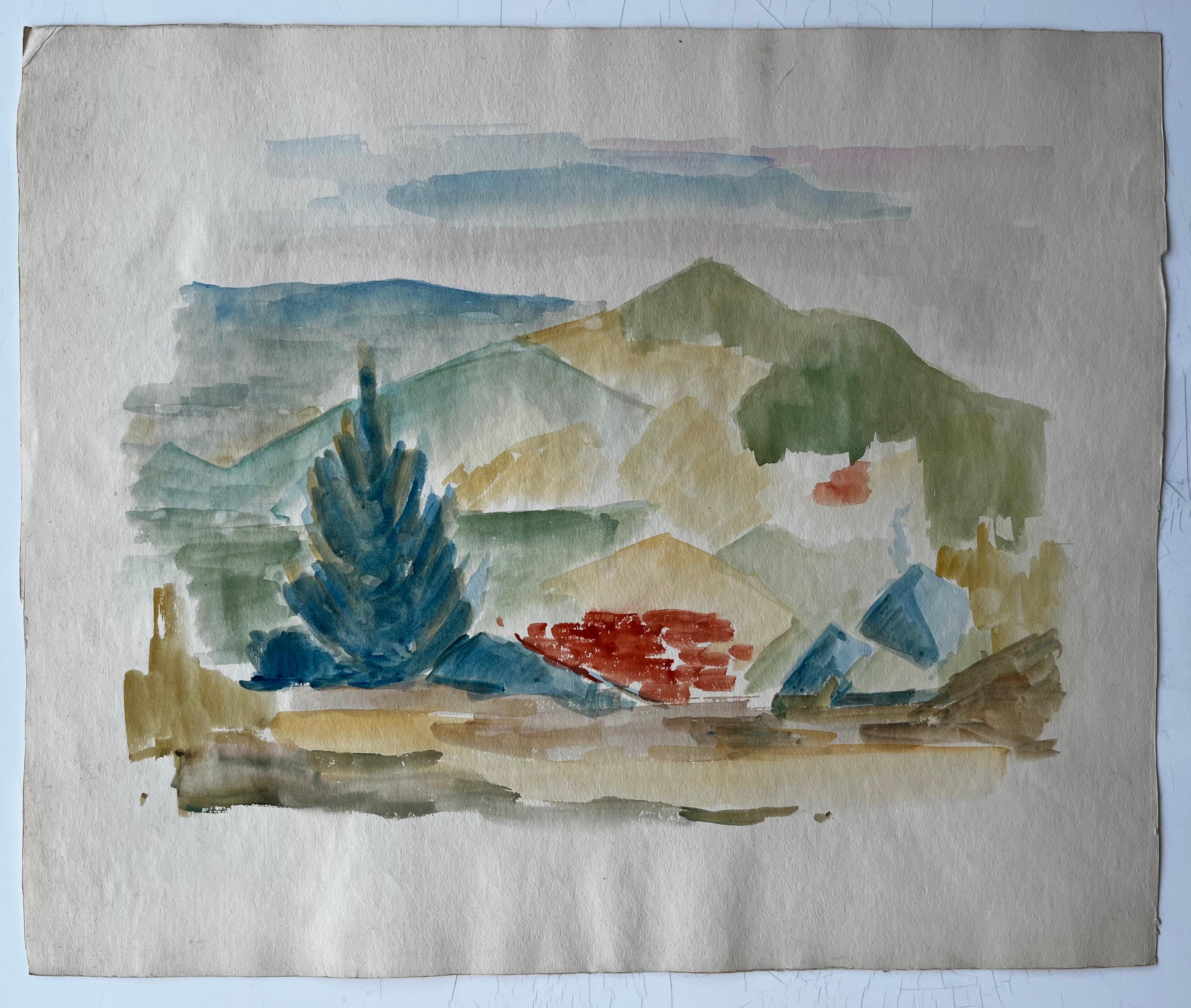 Paysage de montagne avec cyprès Gouache moderniste française de Guy Nicod en vente 1