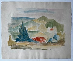 Mountain Landscape with Cypress French Modernist Gouache by Guy Nicod