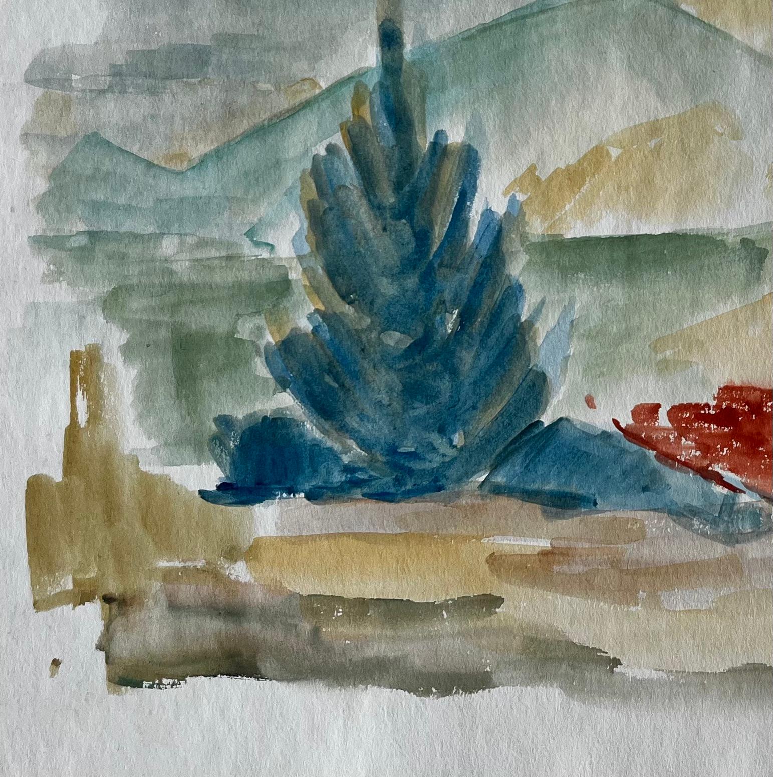 Paysage de montagne avec cyprès Gouache moderniste française de Guy Nicod en vente 2