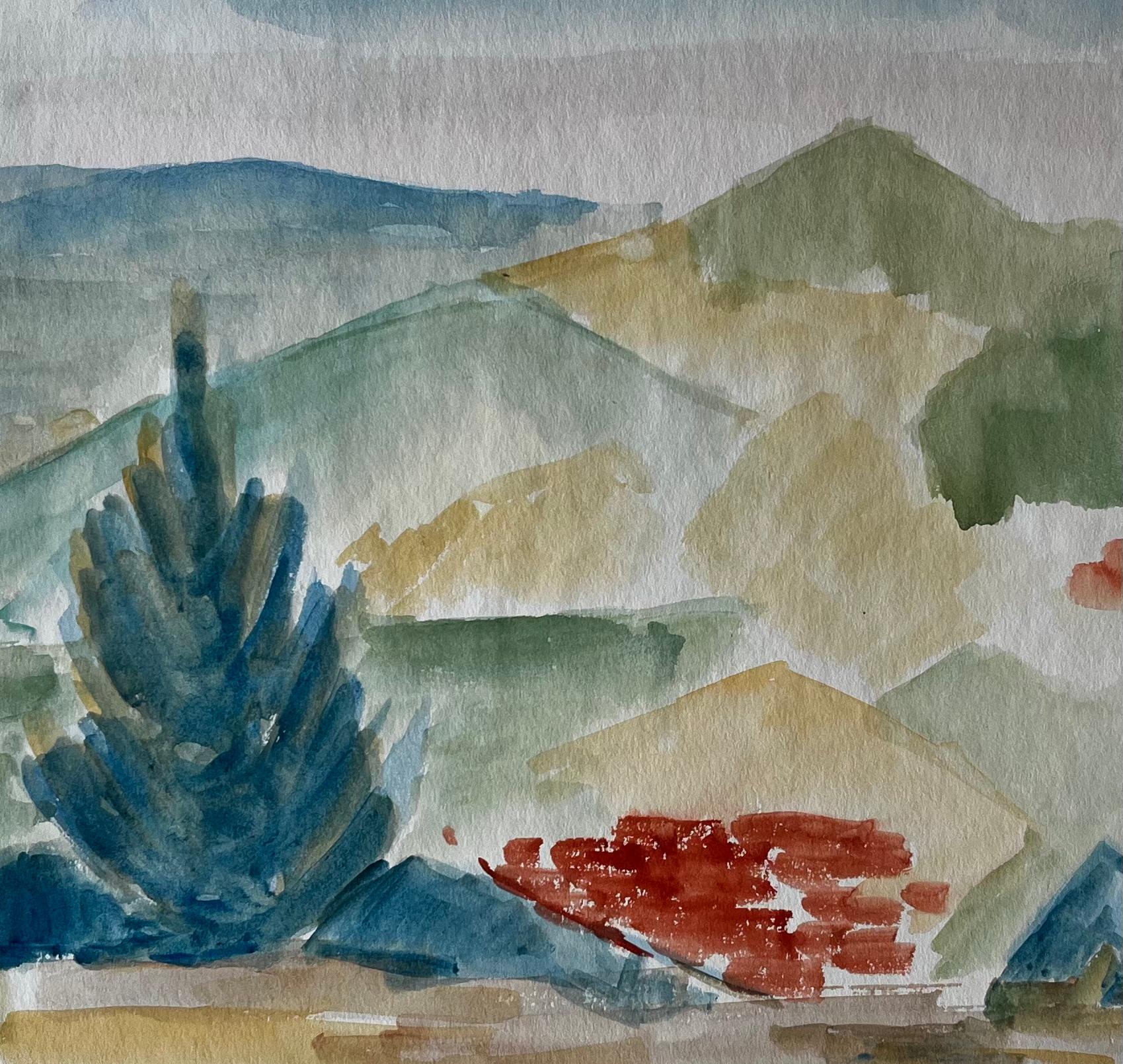 Paysage de montagne avec cyprès Gouache moderniste française de Guy Nicod en vente 6