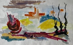 Abstract Landscape with Red Form and Cypress French Modernist Gouache