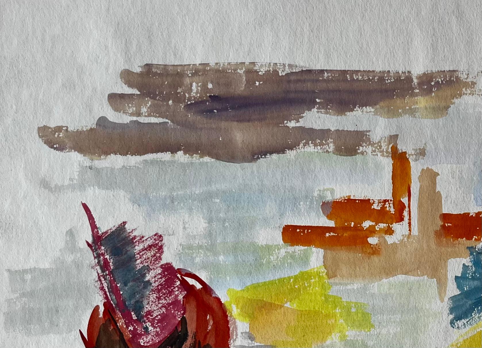 Abstract Landscape with Red Form and Cypress French Modernist Gouache For Sale 1