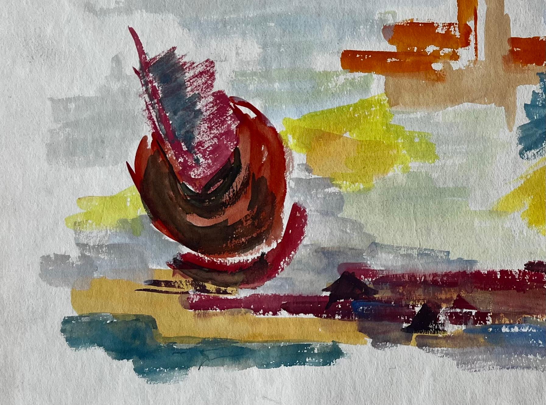 Title: Abstract Landscape with Red Form and Cypress French Modernist Gouache
Guy Nicod (French 1923 - 2021) 
Gouache on artist paper, unframed
Size: 15.75 x 19 inches (height x width)
Provenance: Artists estate, France
Condition: good overall with