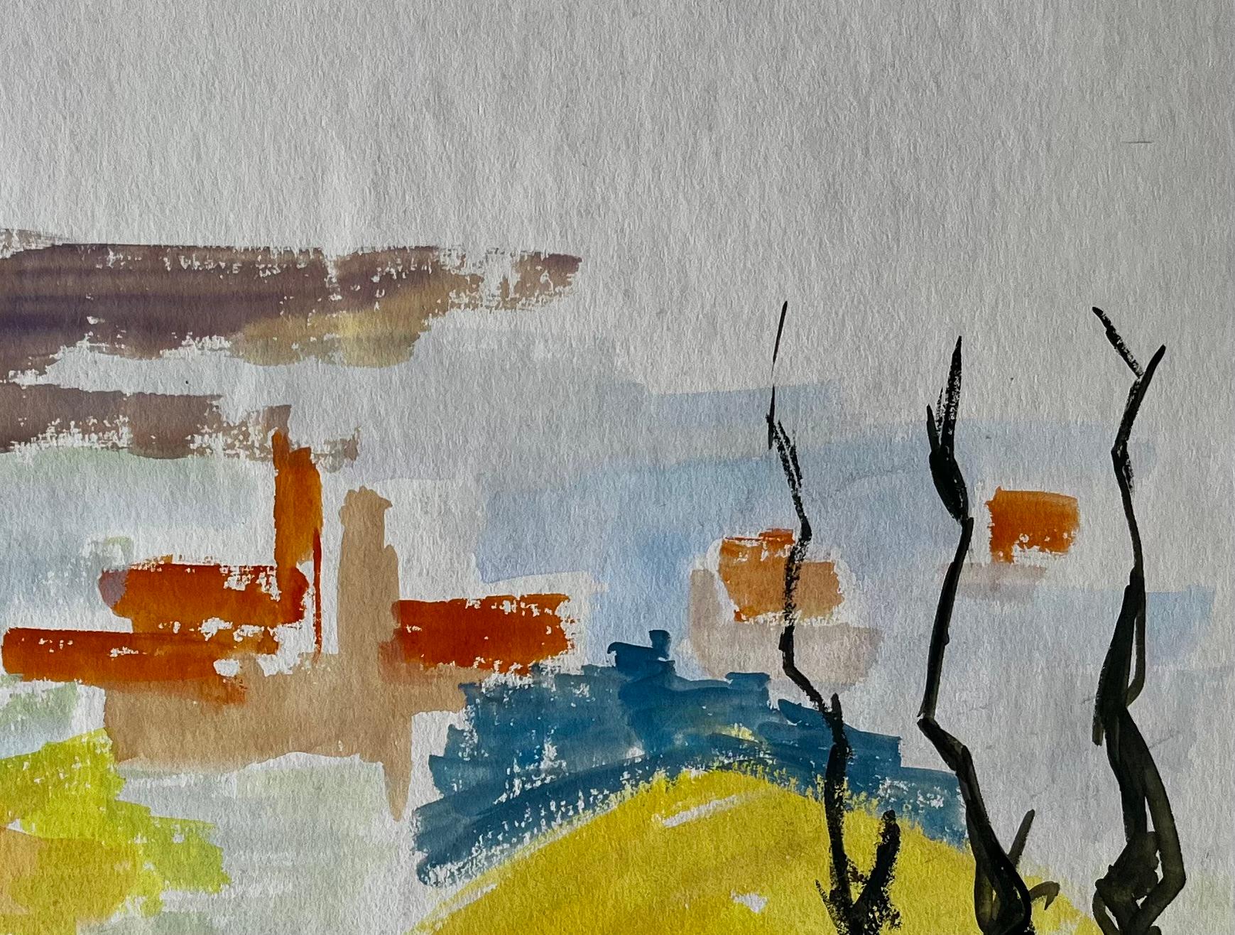 Abstract Landscape with Red Form and Cypress French Modernist Gouache For Sale 2