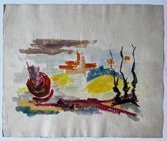 Paysage abstrait avec forme rouge et cyprès Gouache moderniste française