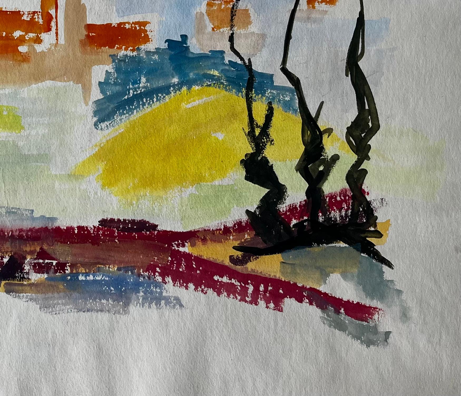 Abstract Landscape with Red Form and Cypress French Modernist Gouache - Gray Abstract Drawing by Guy Nicod