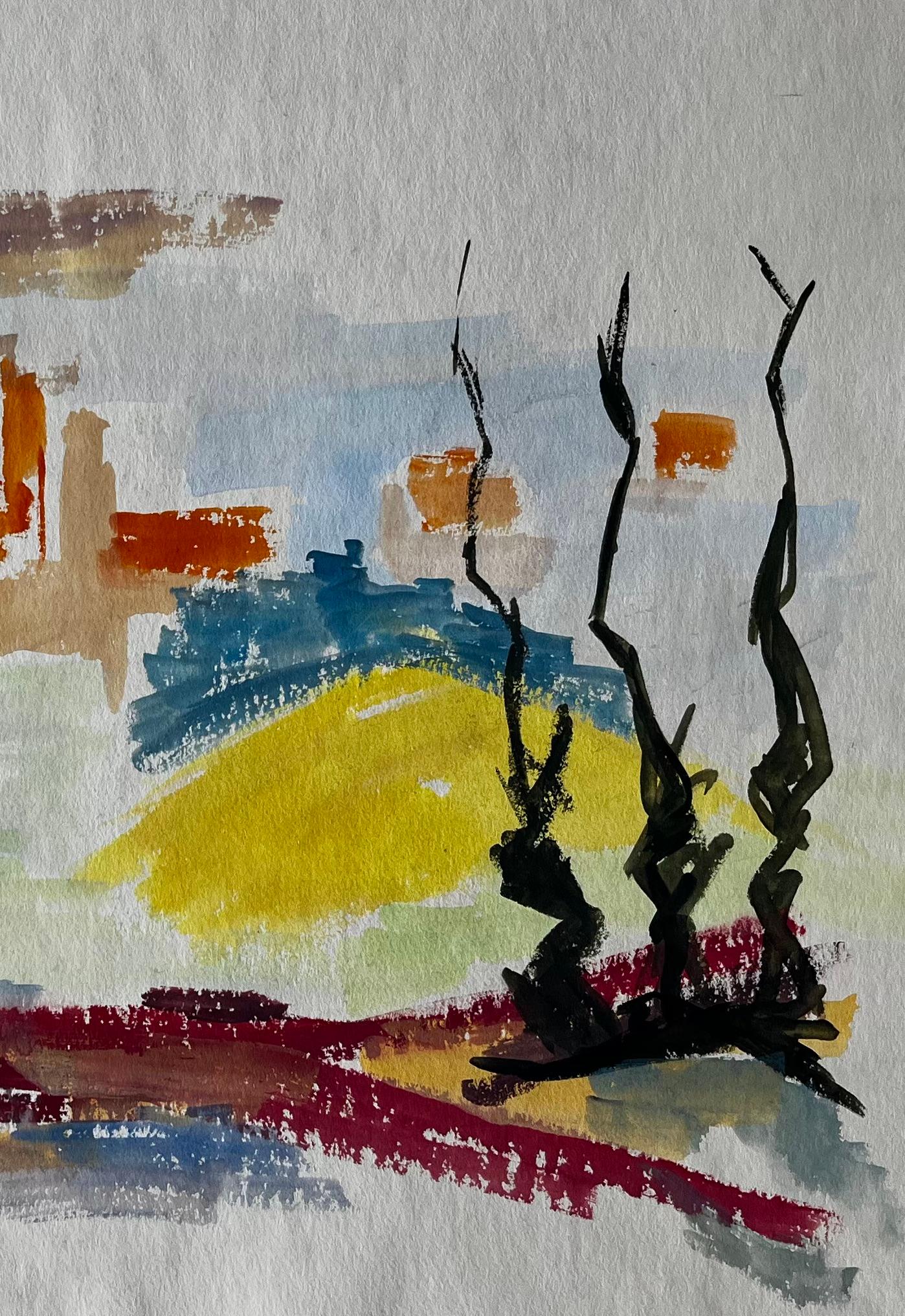 Abstract Landscape with Red Form and Cypress French Modernist Gouache For Sale 3