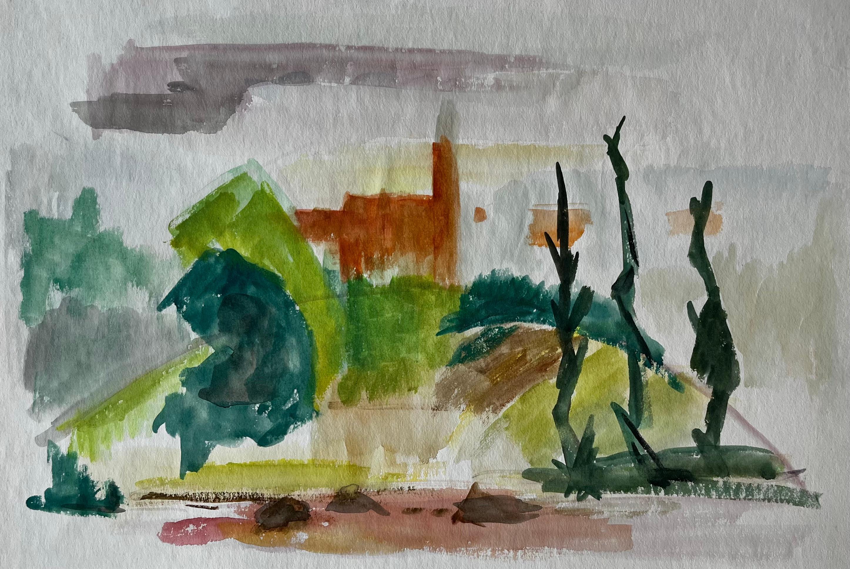Abstracted Hilltop Village with Cypress French Modernist Gouache by Guy Nicod